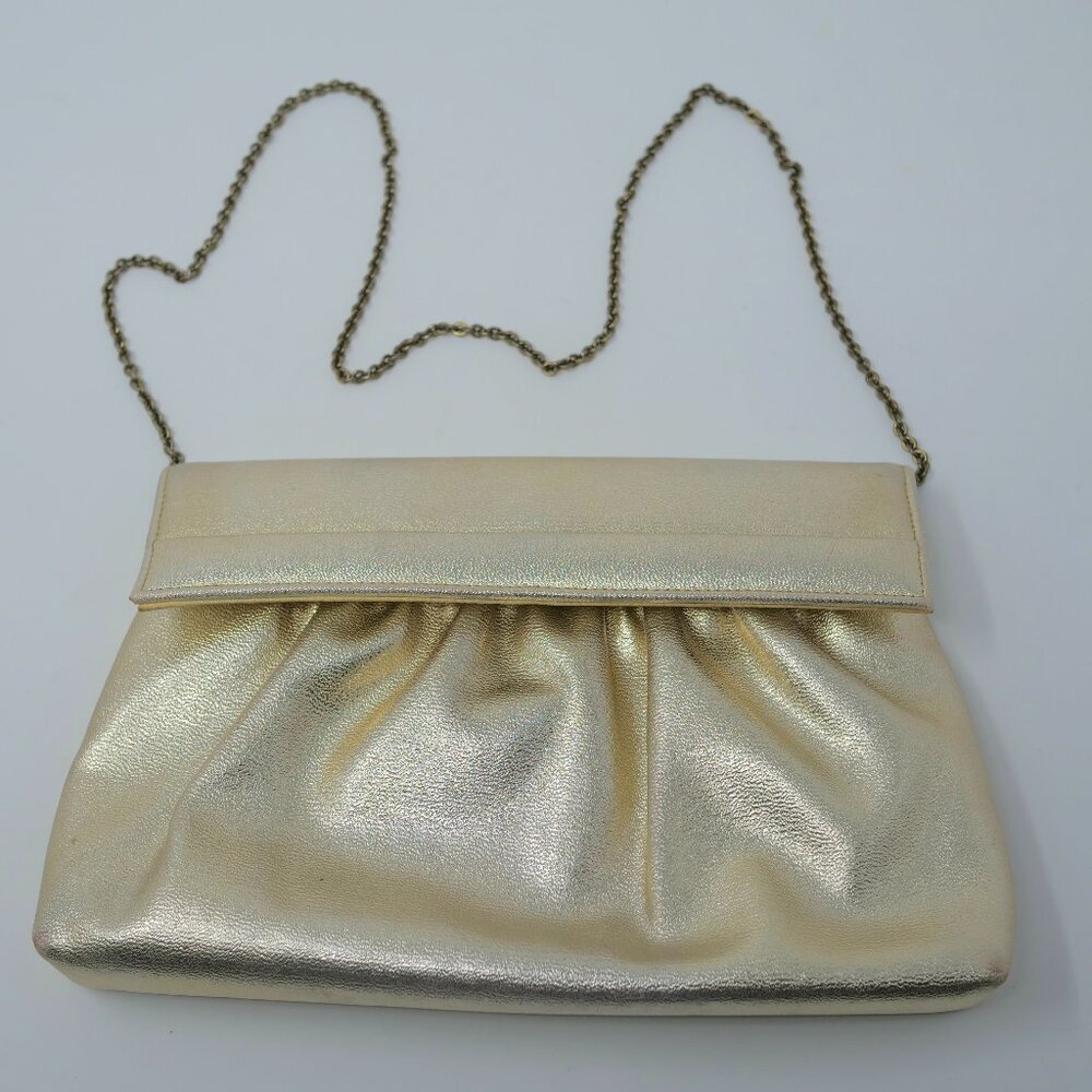 vtg 50s 60s MISS LEWIS Metallic Gold Glam Mod Clutch Purse Chain Shoulder Handle